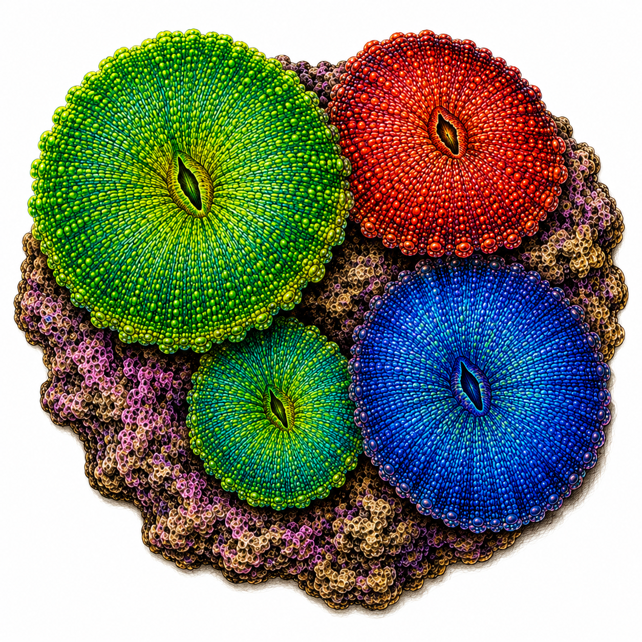 Field-guide illustration of a mushroom coral cluster showing multiple colorful oral discs